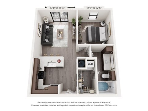 Floor plan for 1 bed, 1 bath, 731 sqft